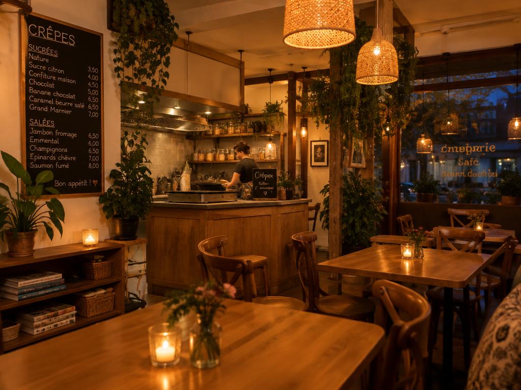 Intérieur chaleureux d'une crêperie